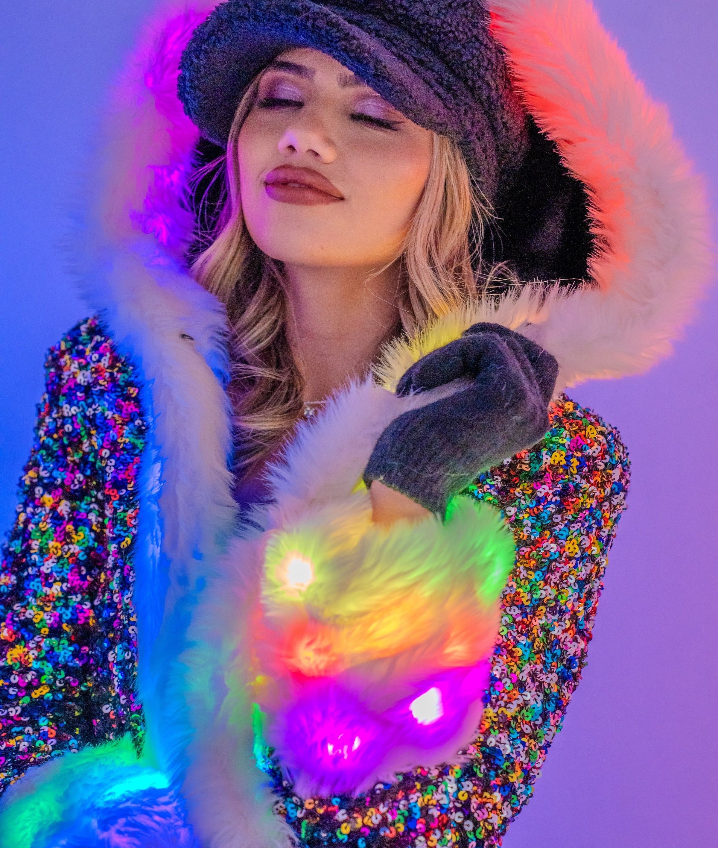 Women s LED LIGHT UP Petite Playa faux fur Coat for Burning Man EDC Raves Festival fashion Furrocious Furr