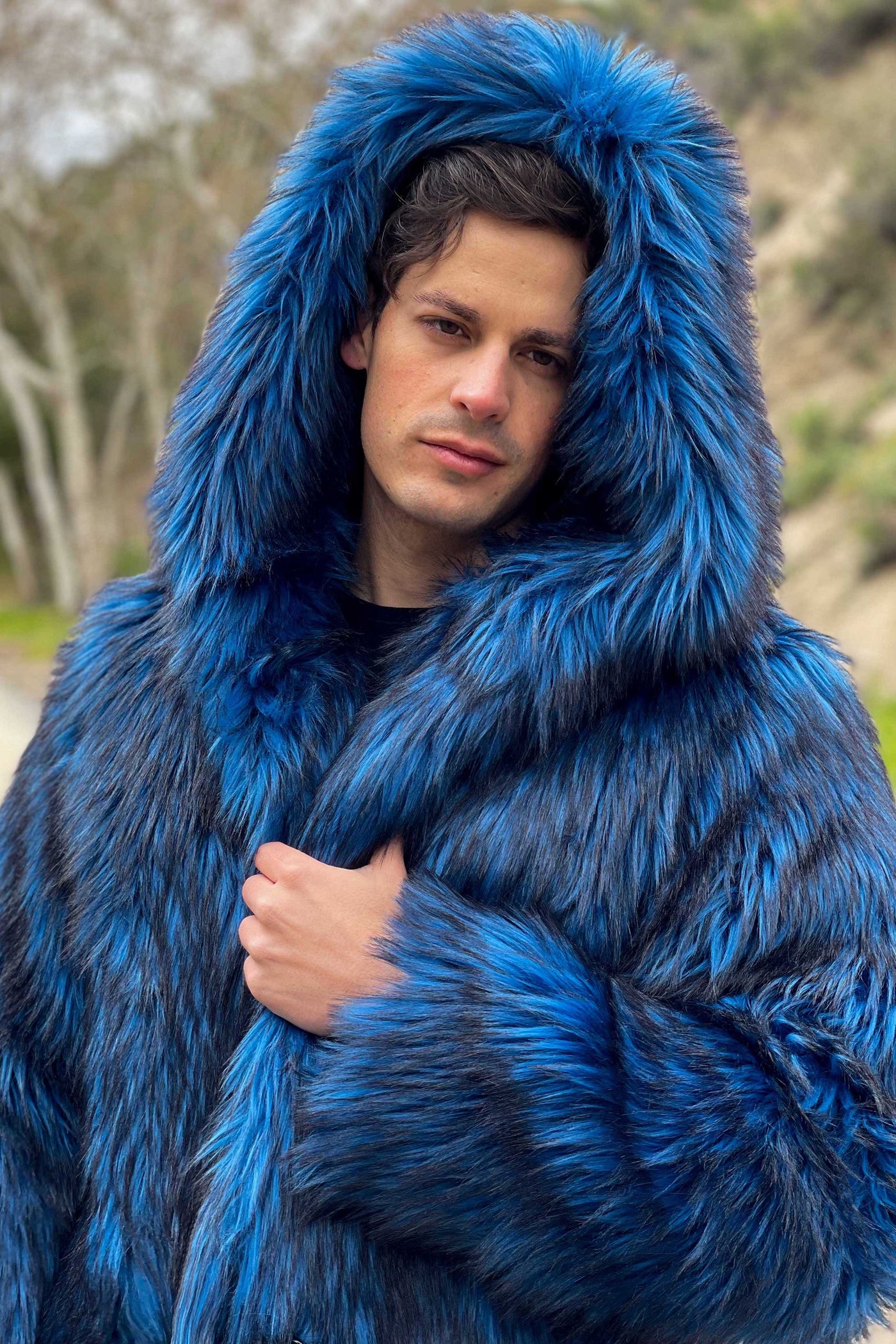 Long blue faux fur coat on sale