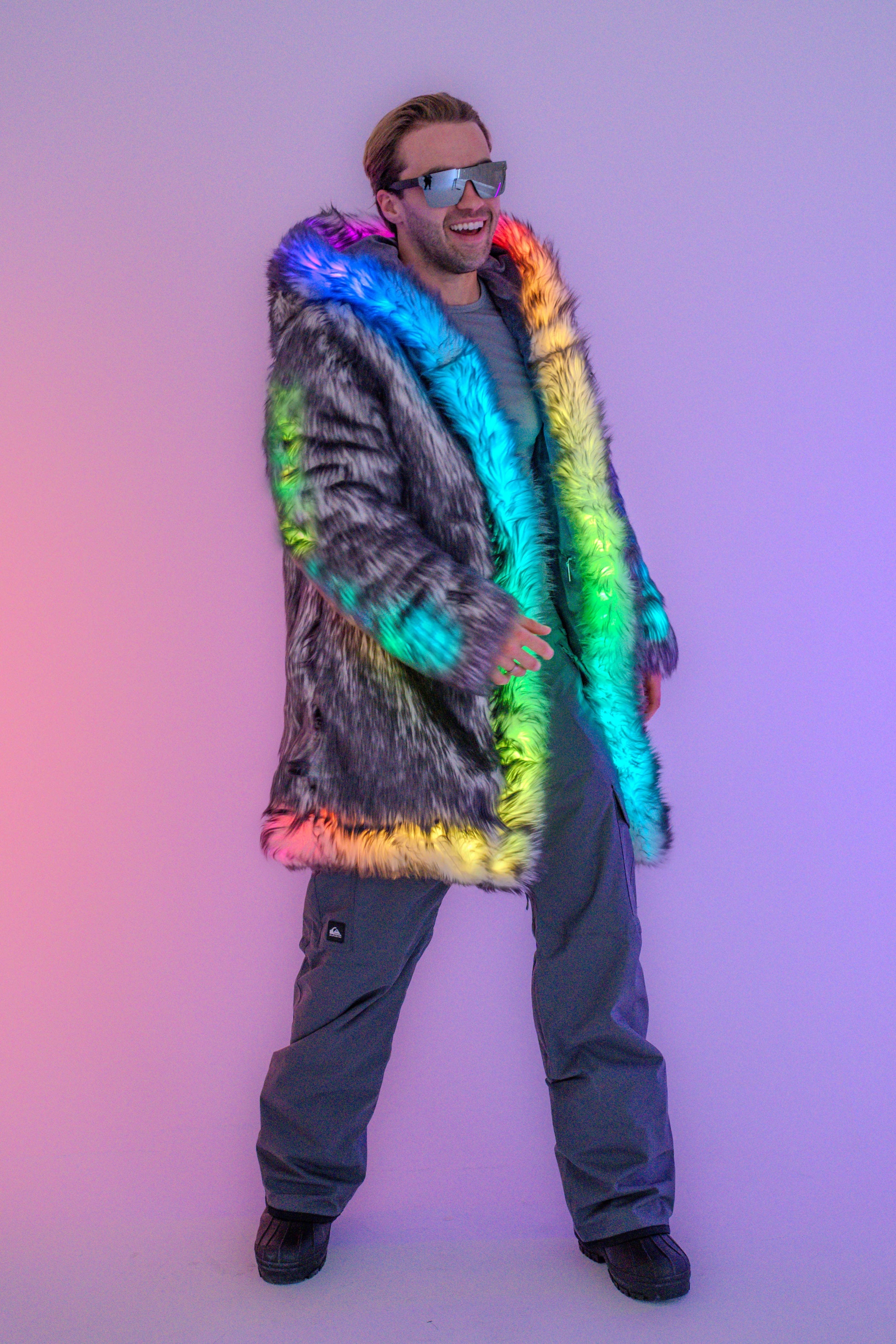 burning man faux fur LED black white coat | Furrocious Furr