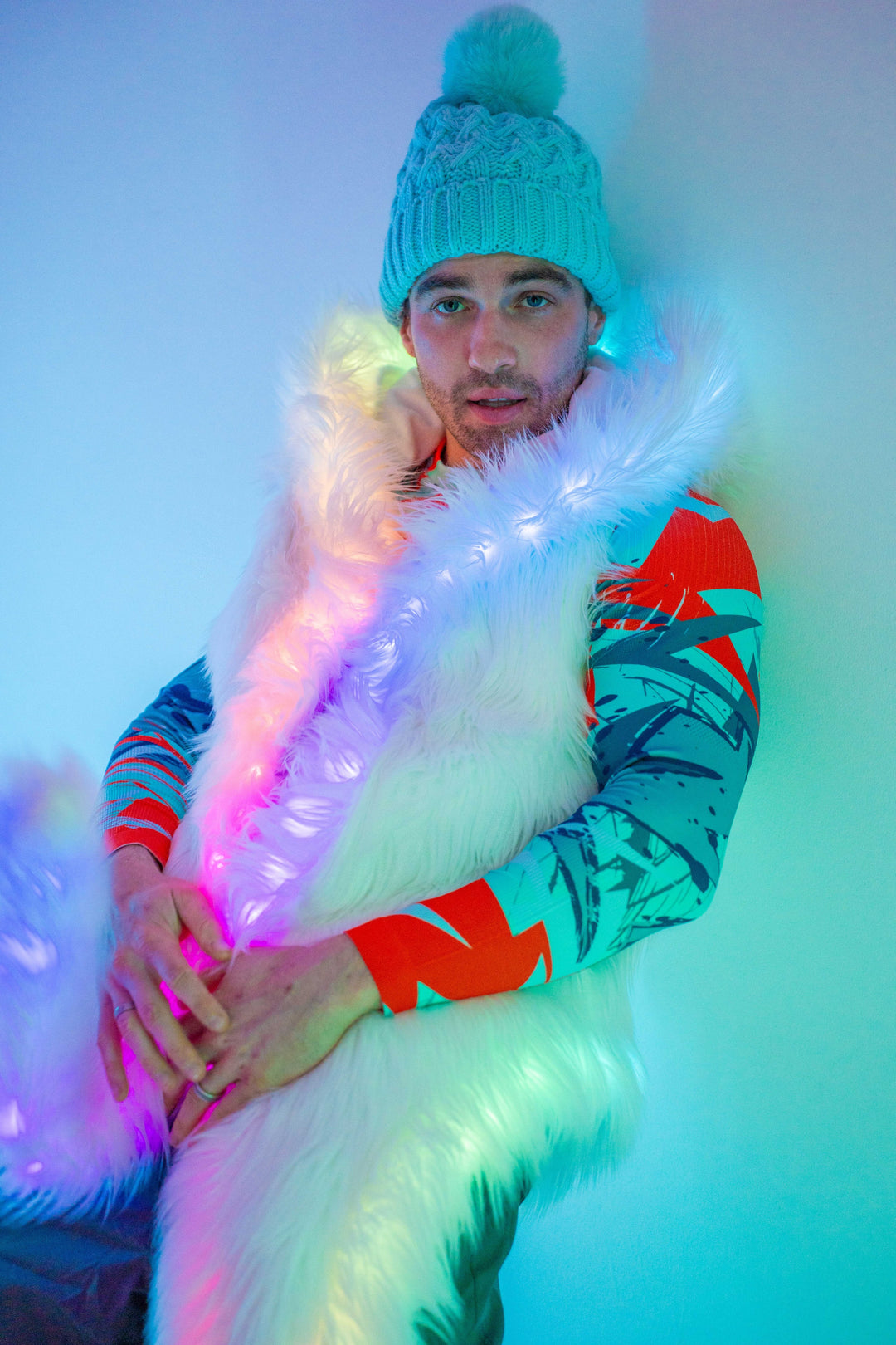 BURNING MAN LED WHITE FAUX FUR VEST men s light up outfits Furrocious Furr