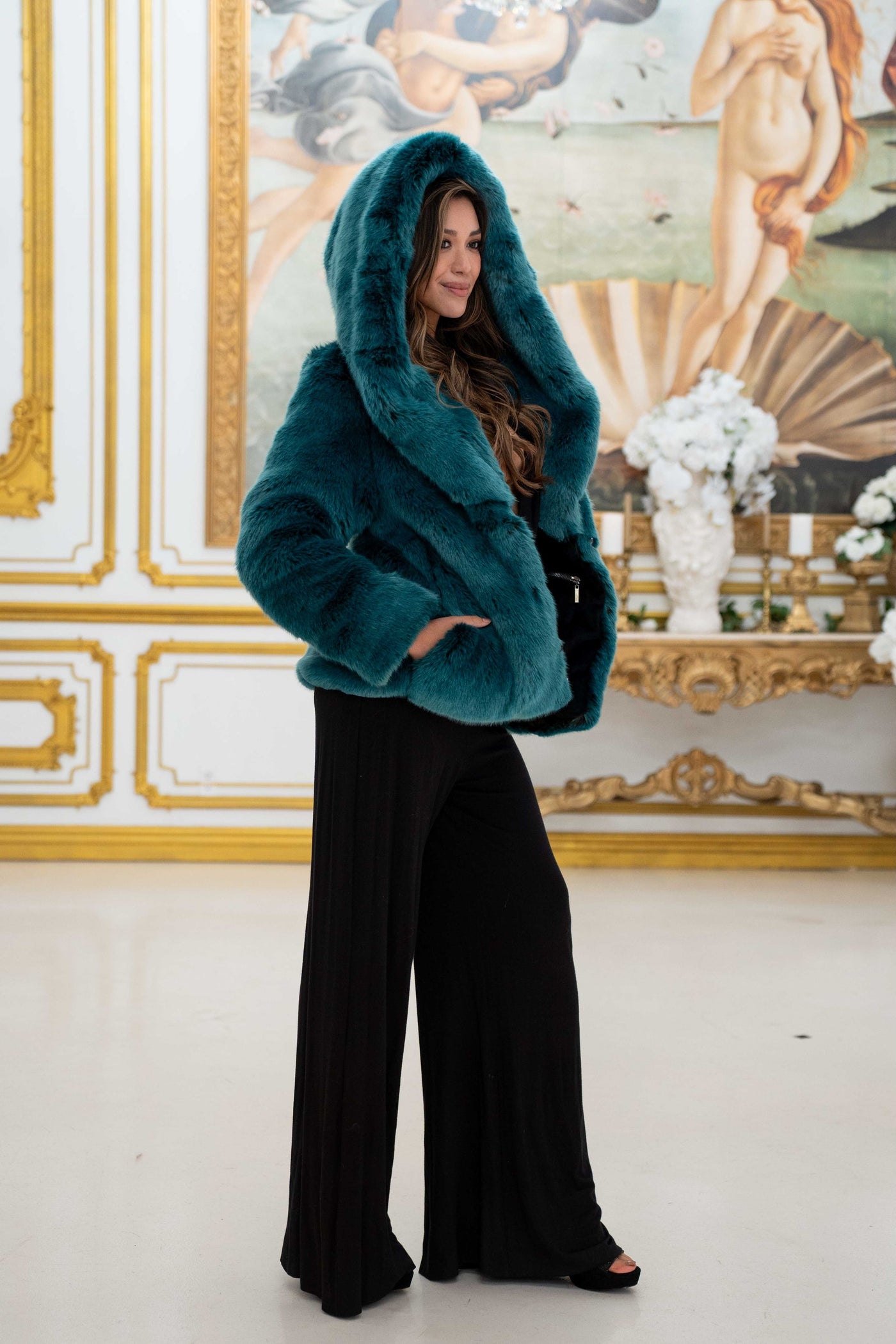 Women's Crop Desert Warrior Coat in "Teal" Chinchilla