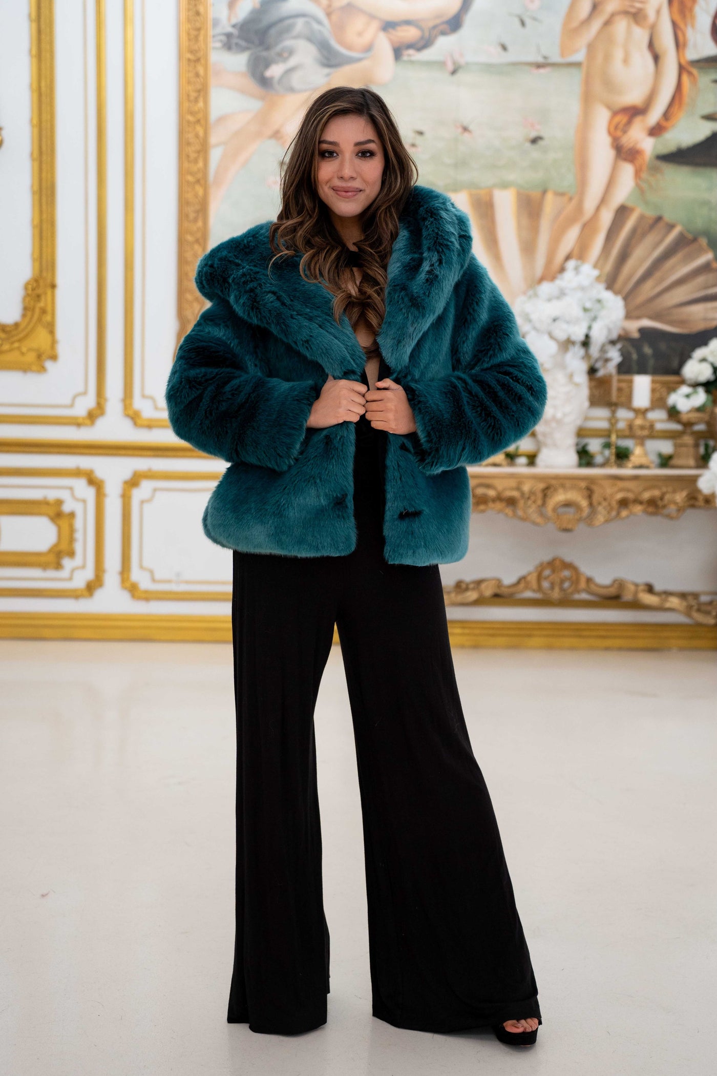 Women's Crop Desert Warrior Coat in "Teal" Chinchilla