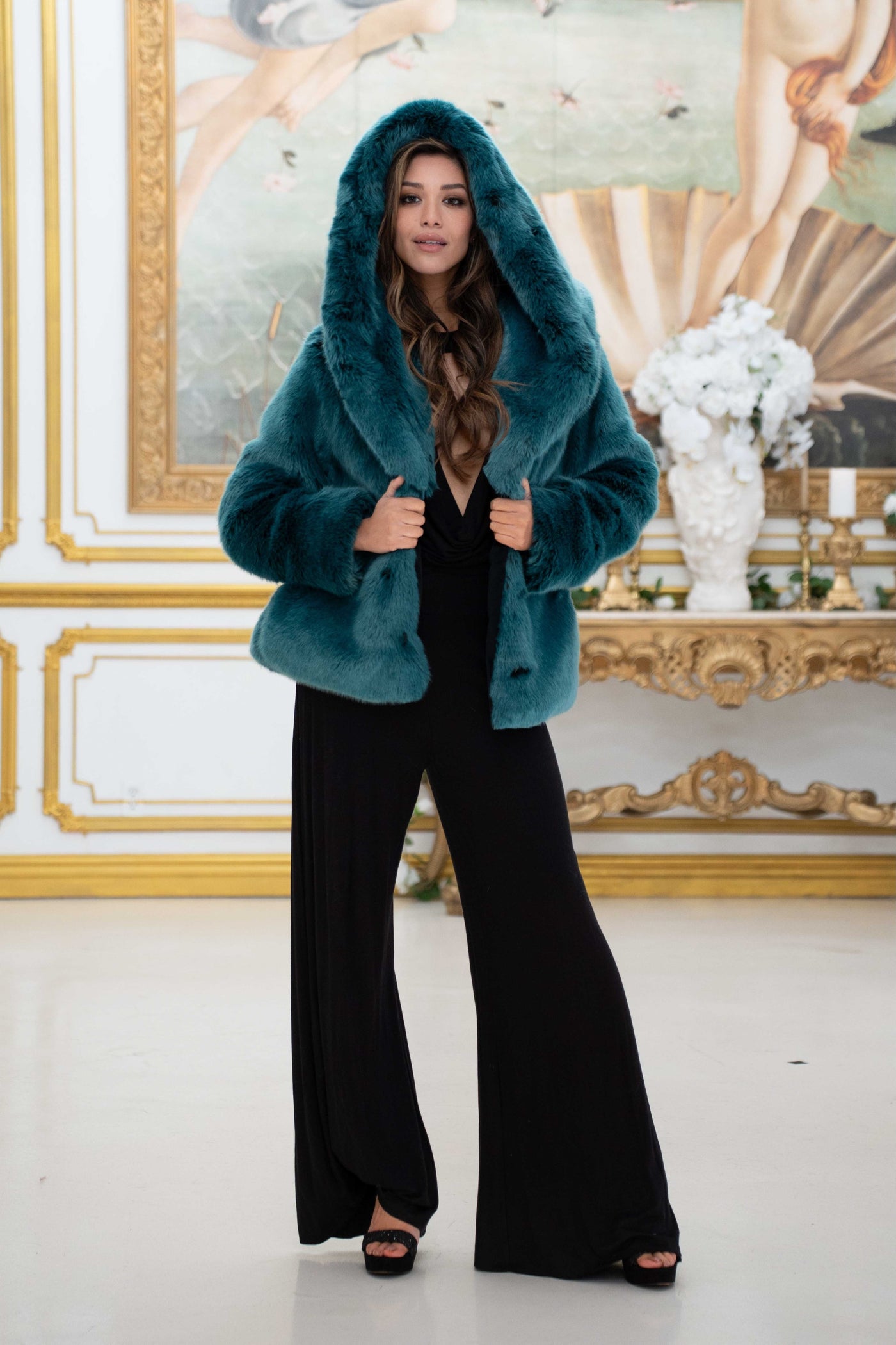 Women's Crop Desert Warrior Coat in "Teal" Chinchilla