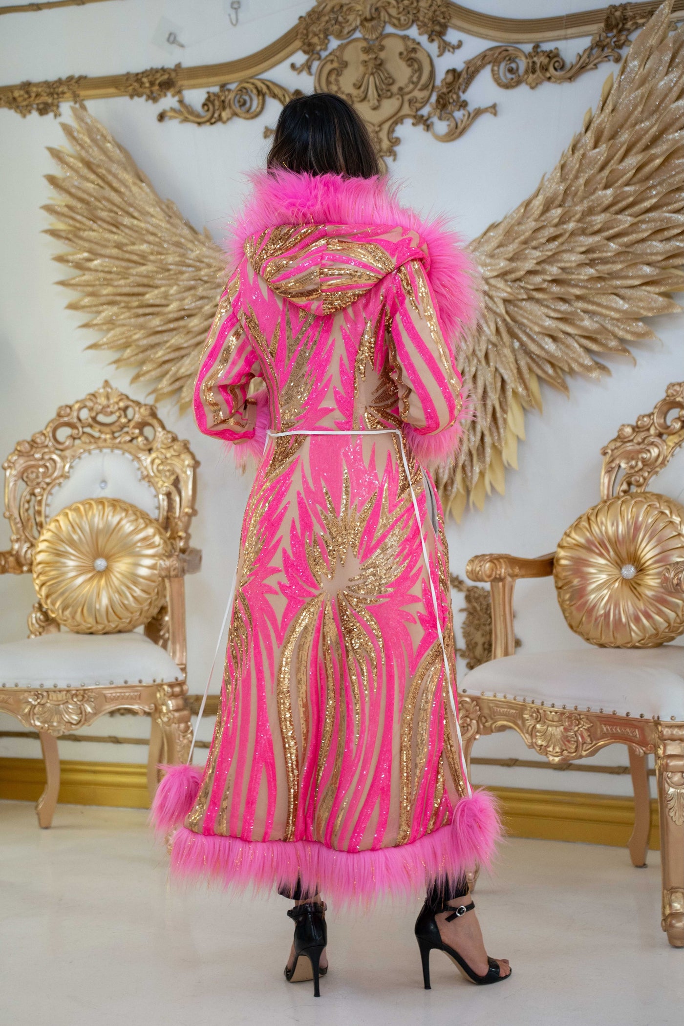 Women's Sequin Temptress Coat in "Carnival" Pink & Gold