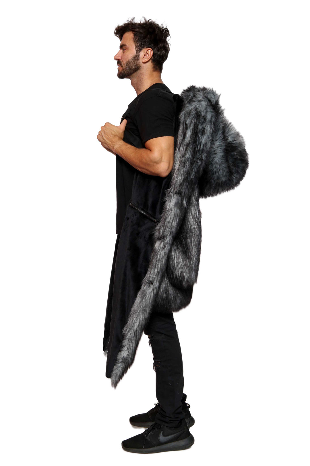 Gray Wolf hooded faux fur coats for men Furrocious Furr