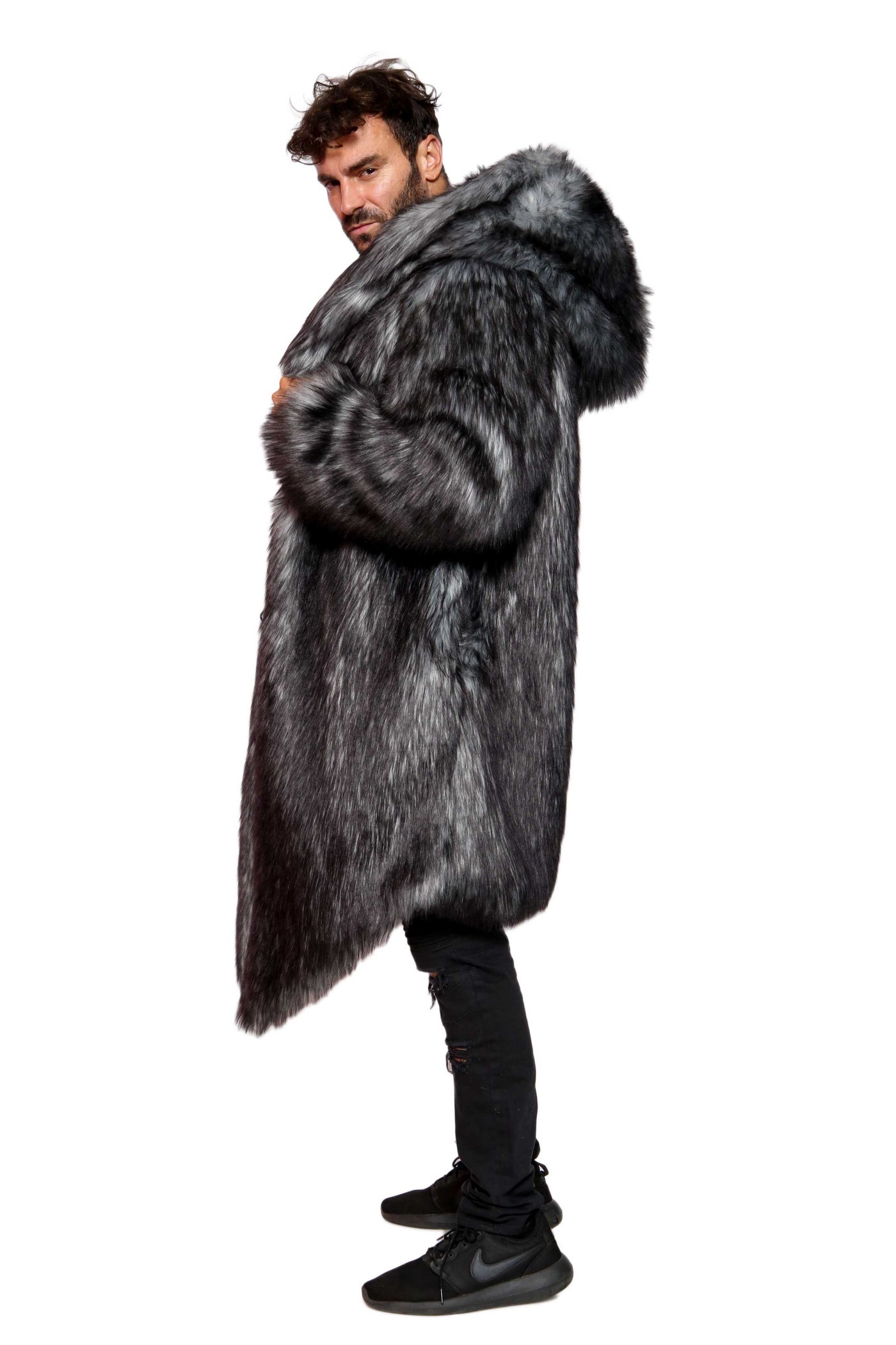 Men's Faux Fur Viking Vest in Gray Wolf XXL / Black White Wolf