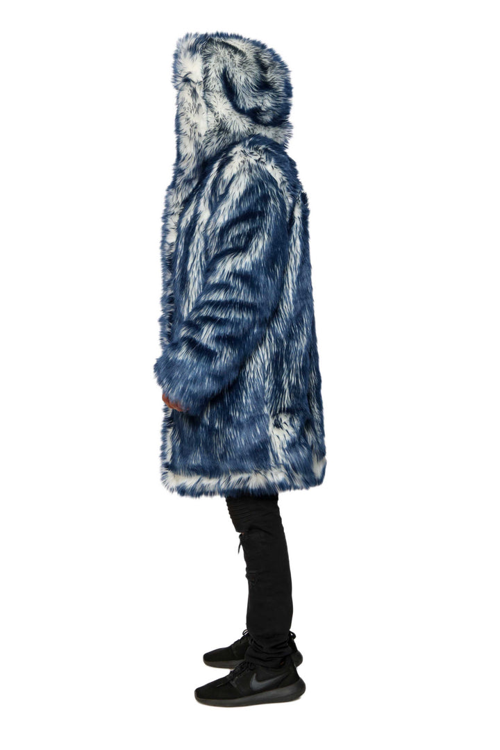 mens navy and white fake fur jacket burning man outfits | Furrocious Furr