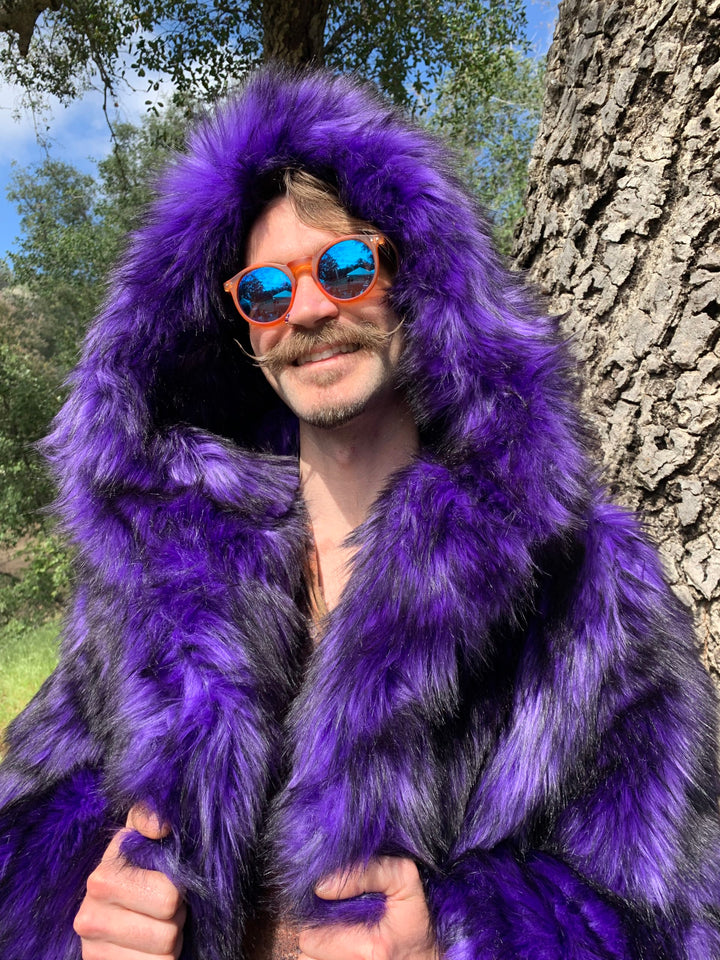 Purple coat with fur hood online